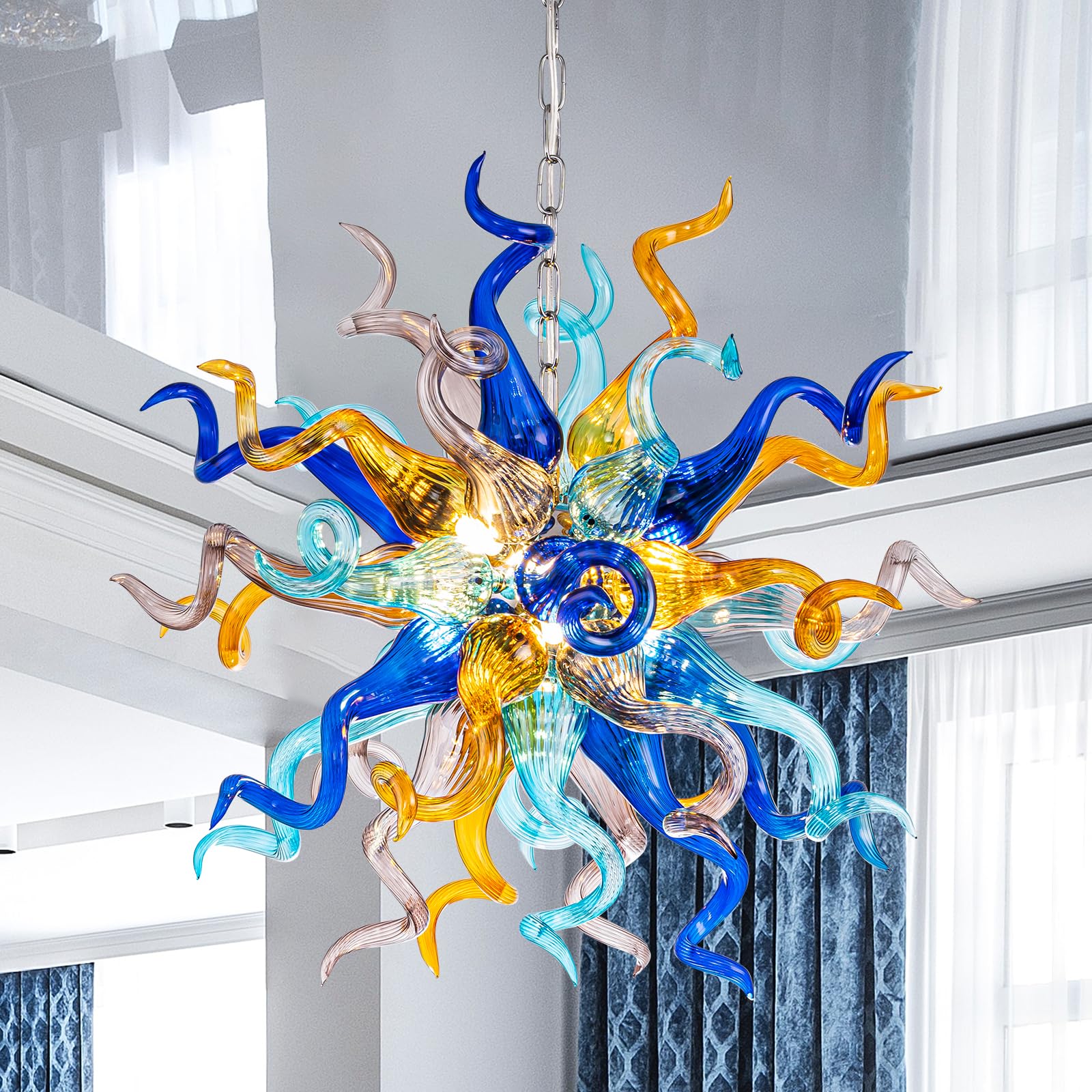 Sputnik shape blown glass chandelier multi colors chihuly replica
