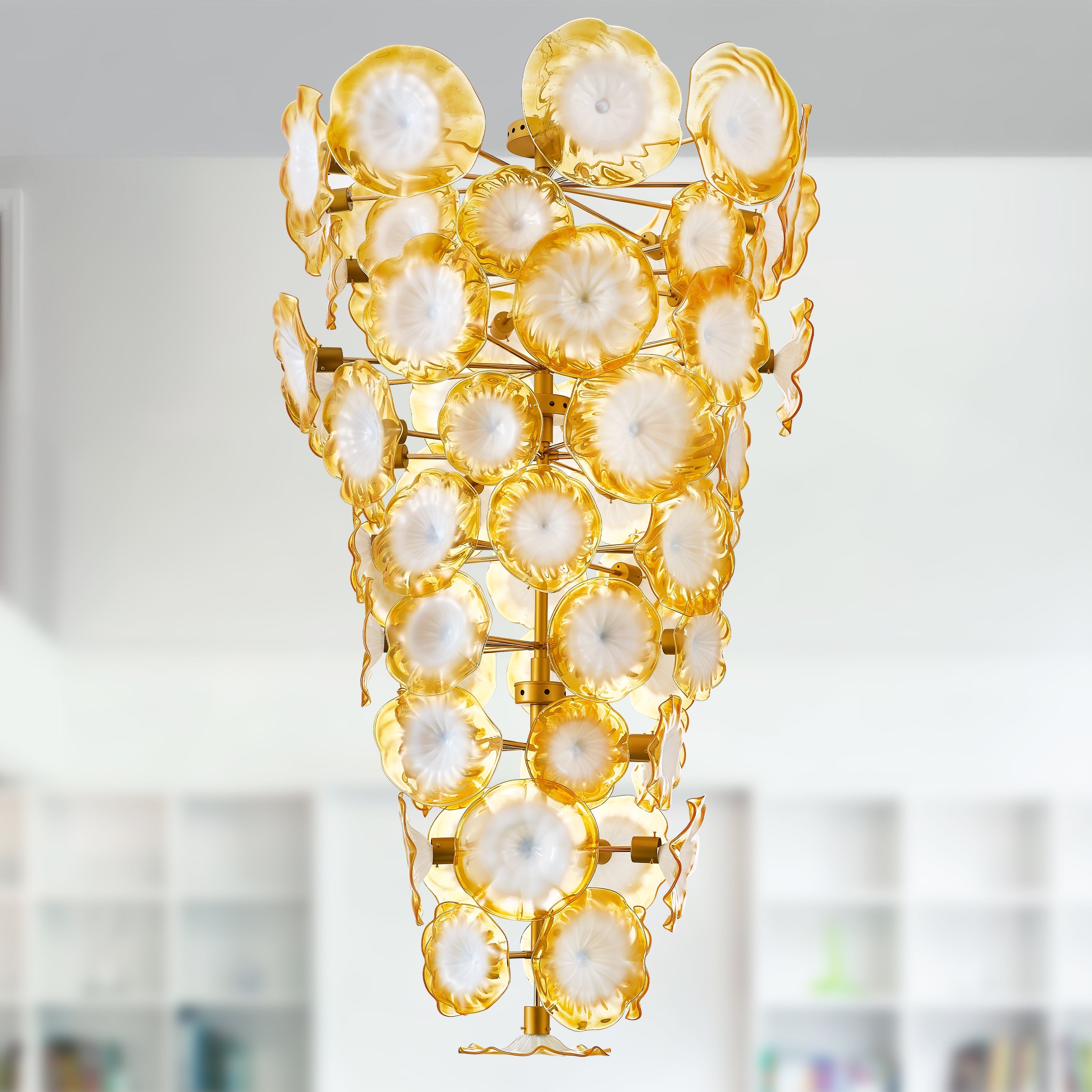Seashells Design Glass Plates Chandelier Golden And White