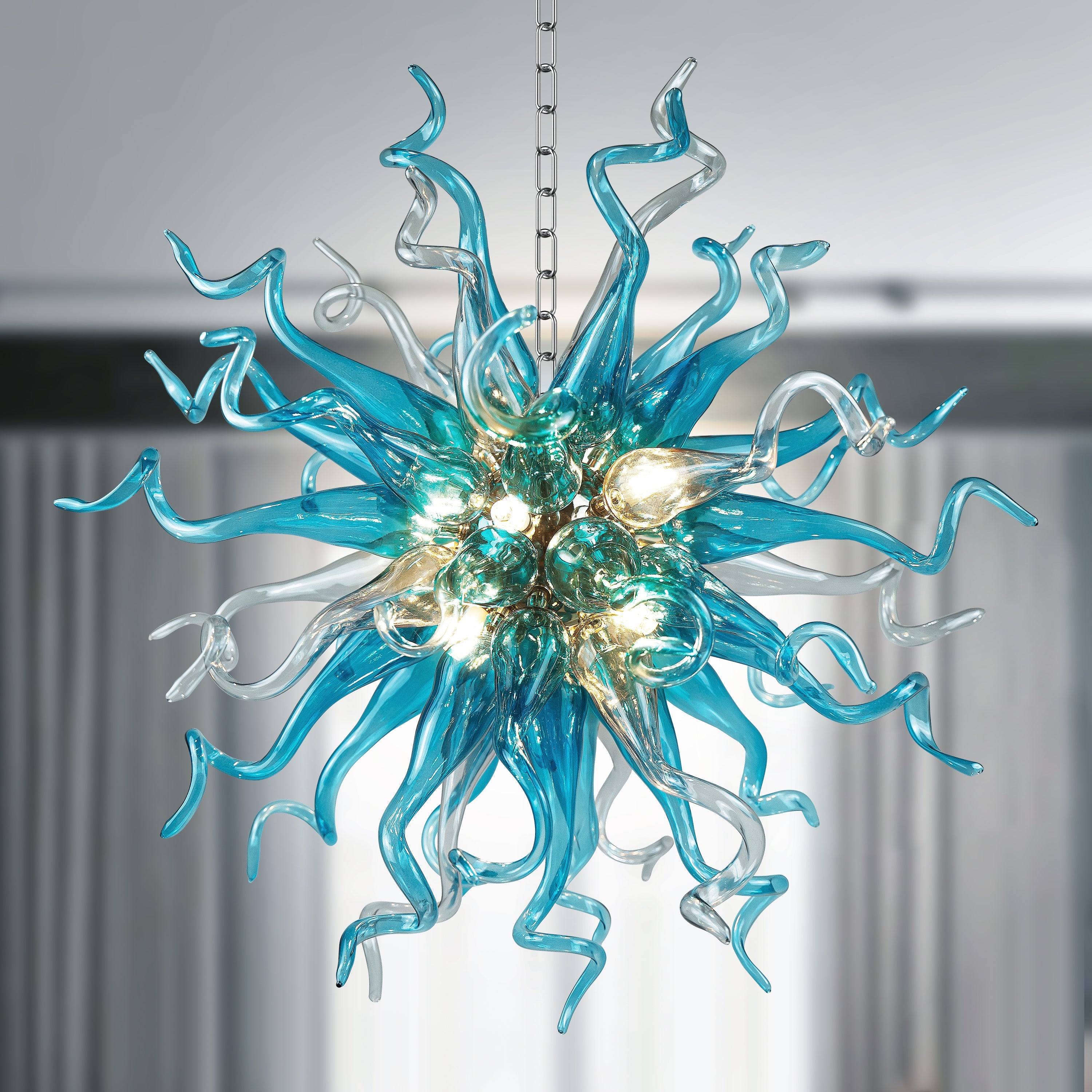 Chihuly Style Blown Glass Chandeliers in Blue and Grey Color Sputnik Shape