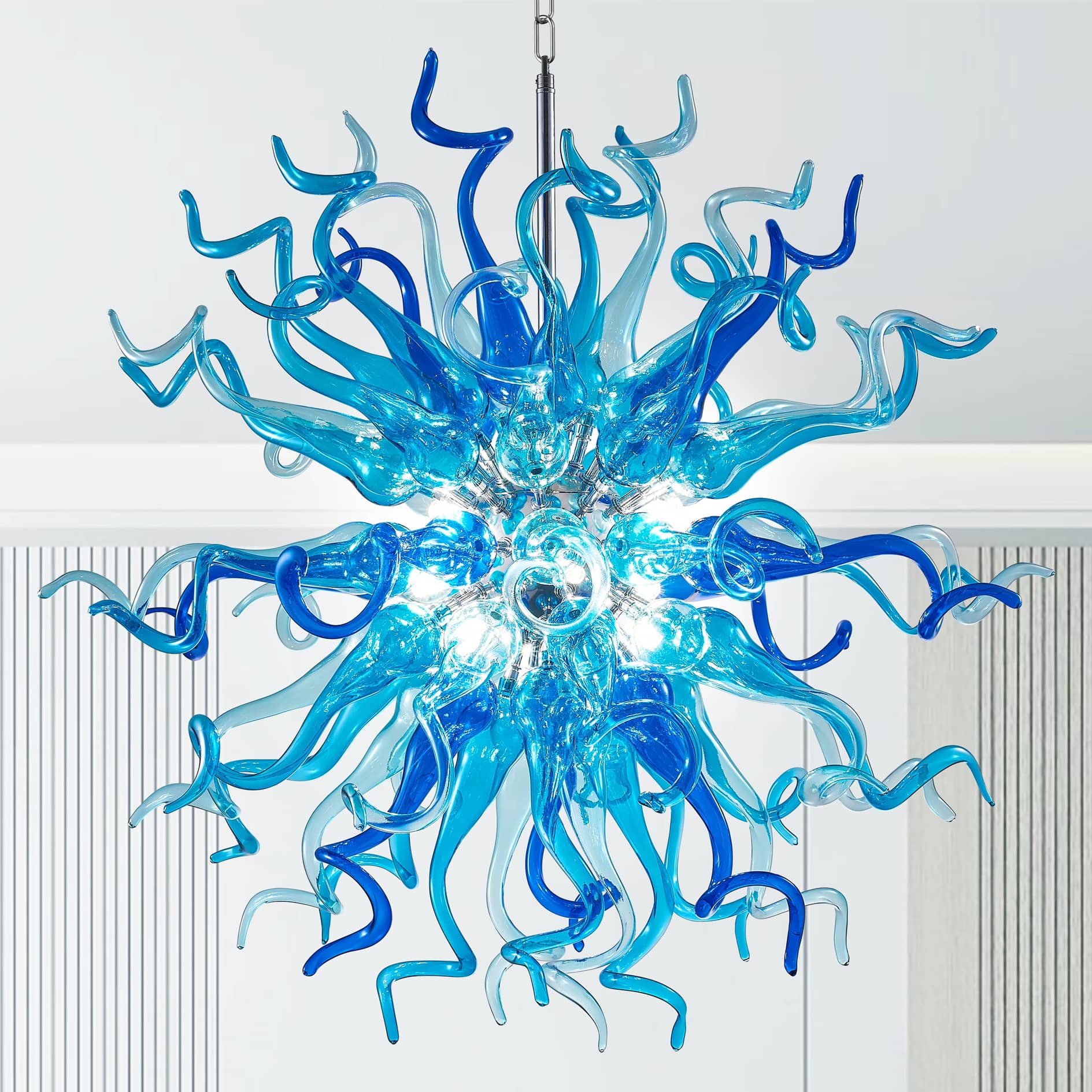  Sputnik Shape Blue Color Blown Glass Chandelier