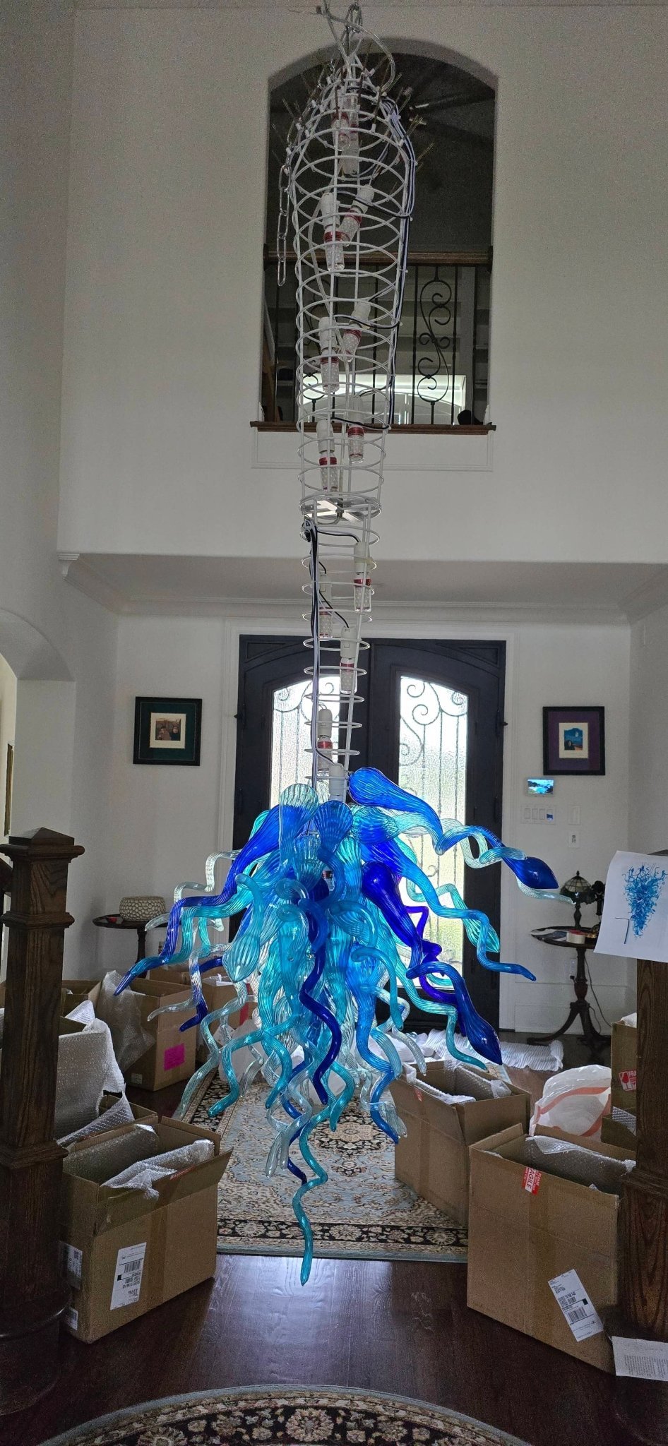 organic hand-blown glass sculpture chandelier assembly