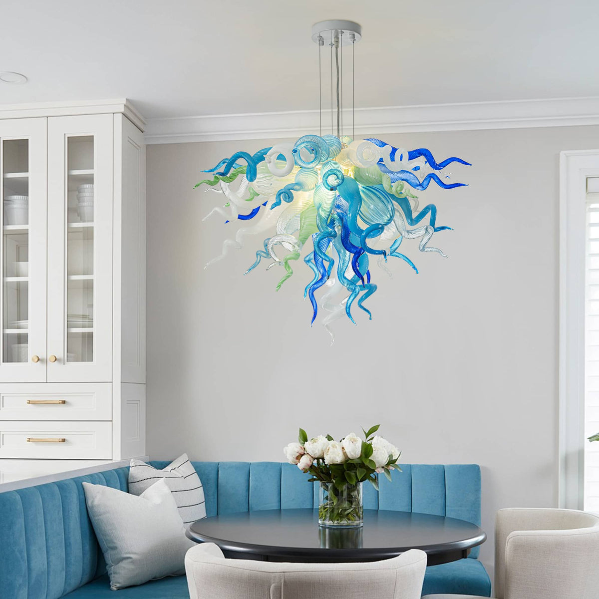 Murano Blown Glass Chandelier: Blue/Mint/Turquoise/white - D28