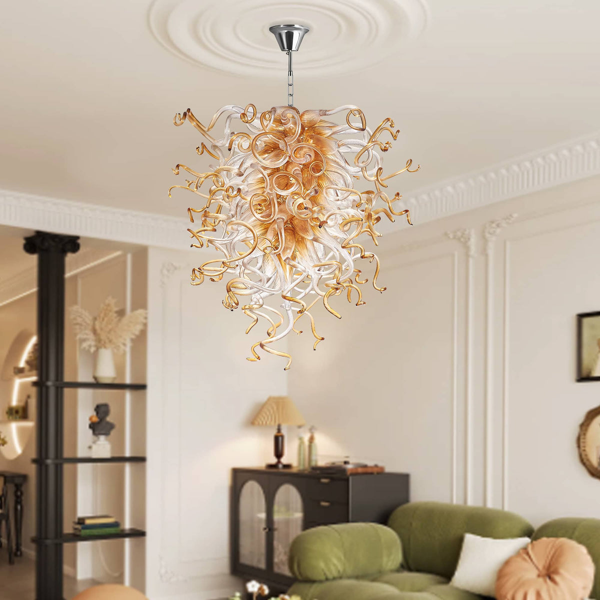 Murano Inspired Blown Glass Chandelier Clear Glass With Amber Tip – Longree