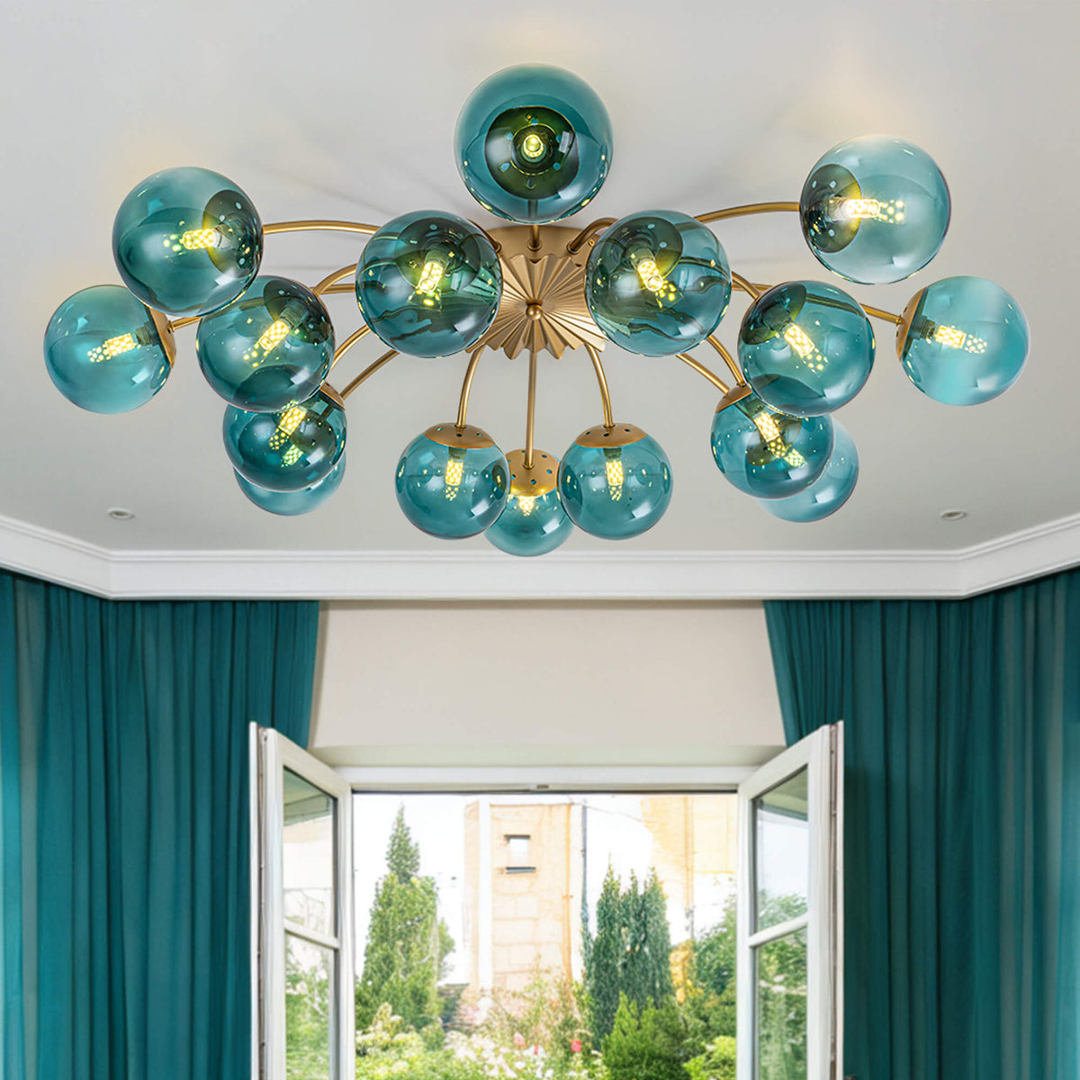 Modern Teal Bubble Globe Semi-Flush Mount Ceiling Light Brass Finish ...