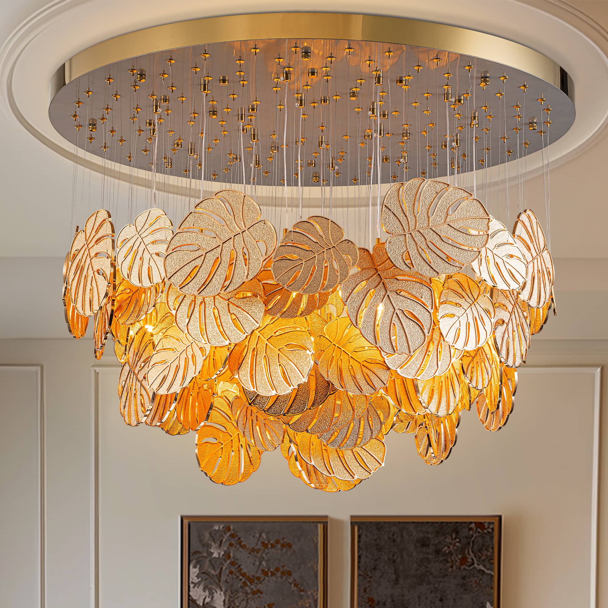 monstera chandelier Elegant Cascading Chandelier in Gold Leaf – Modern Luxury Ceiling Ligh – Longree